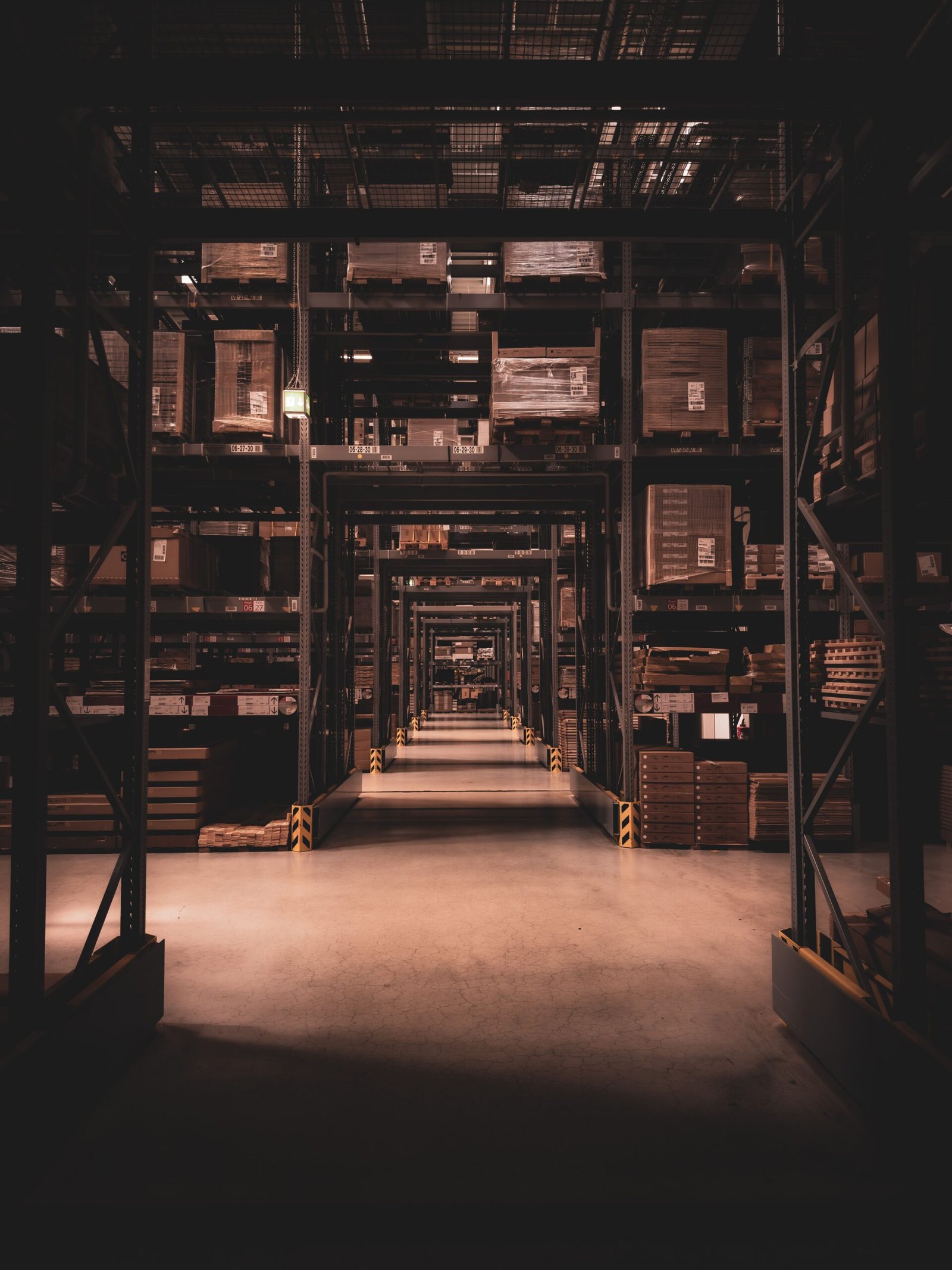 Dimly lit warehouse aisle in Berlin filled with large shelves and boxes, showcasing industrial organization.